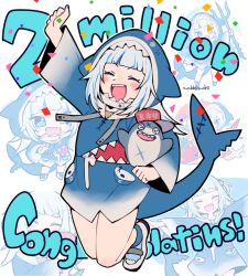 Rule 34 | 1girl, animal costume, animal hood, arm up, artist name, bare legs, bloop (gawr gura), blue eyes, blue hair, blue hoodie, blue nails, blunt bangs, chibi, commentary, confetti, congratulations, do m kaeru, english text, fins, fish tail, full body, gawr gura, gawr gura (1st costume), hair ornament, holding, hololive, hololive english, hood, hoodie, medium hair, milestone celebration, multicolored hair, multiple views, nail polish, polearm, shark costume, shark girl, shark hair ornament, shark hood, shark tail, sharp teeth, shoes, sidelocks, silver hair, simple background, sleeves past wrists, sneakers, streaked hair, symbol-only commentary, tail, teeth, trident, twitter username, two side up, virtual youtuber, weapon, white background, wide sleeves