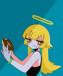 Rule 34 | 1girl, bakemonogatari, bare shoulders, black tank top, blonde hair, blue background, blush stickers, bracelet, chewing, chromatic aberration, closed mouth, crumbs, doughnut, food, from side, halo, head tilt, highres, holding, holding food, jewelry, long bangs, long hair, looking at viewer, monogatari (series), oshino shinobu, own hands together, shadow, sidelocks, simple background, solo, sskitaco, tank top, yellow eyes, yellow halo