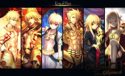 Rule 34 | &gt;:), 3boys, 3girls, :d, abs, absurdres, ahoge, ankle ribbon, aora, armor, blonde hair, breasts, cape, character name, child gilgamesh (fate), column lineup, cross, cross necklace, ea (fate/stay night), earrings, fate/grand order, fate/hollow ataraxia, fate/protoreplica, fate/prototype, fate/stay night, fate (series), garter straps, gate of babylon (fate), genderswap, genderswap (mtf), gilgamesh-ko, gilgamesh (fate), gilgamesh (fate/prototype), grey legwear, hair slicked back, hana no miyako!, highres, jewelry, leg ribbon, long hair, looking at viewer, multiple boys, multiple girls, multiple persona, muscular, navel, necklace, nun, open mouth, parted lips, red cape, red eyes, ribbon, short hair, smile, spiked hair, tattoo, thighhighs, underboob, upper body, v-shaped eyebrows, waist cape
