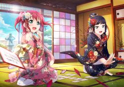 Rule 34 | 10s, 2girls, :o, artist request, black hair, black kimono, blue sky, blunt bangs, blush, card, day, floral print, flower, green eyes, hair bun, hair flower, hair ornament, hairclip, japanese clothes, karuta (card game), kimono, kurosawa dia, kurosawa ruby, looking at another, love live!, love live! school idol festival, love live! sunshine!!, mole, mole under mouth, multiple girls, new year, obi, official art, open mouth, pink kimono, plant, red hair, sash, seiza, short hair, shouji, siblings, single hair bun, sisters, sitting, sky, sliding doors, smile, socks, sunlight, tabi, tatami, twintails, two side up, uta-garuta, wide sleeves