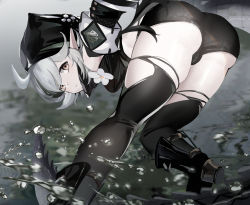 Rule 34 | 1girl, ahoge, arknights, ass, bent over, black footwear, black headwear, black thighhighs, boots, brown eyes, crocodilian tail, detached sleeves, fh moya, grey hair, highres, long sleeves, looking at viewer, looking back, midriff, pointy ears, short hair, short shorts, shorts, skindentation, solo, standing, tail, thighhighs, thighs, tomimi (arknights), torn clothes, torn thighhighs, water