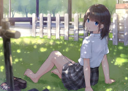 Rule 34 | 1girl, bare legs, barefoot, bench, black footwear, black hair, black legwear, black skirt, blue eyes, commentary, day, fence, unworn footwear, grass, hair ornament, hairclip, highres, lamppost, looking at viewer, looking back, miko fly, on ground, original, outdoors, picket fence, plaid, plaid skirt, pleated skirt, school uniform, shade, shadow, shirt, shoes, unworn shoes, short sleeves, sitting, skirt, unworn socks, solo, sunlight, tree, uniform, white shirt, wooden fence