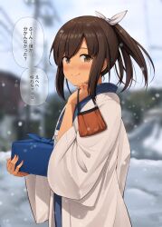 Rule 34 | 1girl, absurdres, alternate costume, blue kimono, blurry, blurry background, blush, box, brown eyes, brown hair, closed mouth, commentary request, hair between eyes, hair ribbon, hand up, high ponytail, highres, holding, holding box, i-401 (kancolle), ichikawa feesu, japanese clothes, kantai collection, kimono, long sleeves, looking at viewer, medium hair, obi, outdoors, ribbon, sash, sidelocks, smile, snow, snowing, solo, speech bubble, standing, tan, translation request, upper body, white ribbon, winter