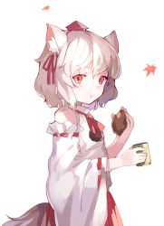 Rule 34 | 1girl, :t, animal ears, autumn, cup, detached sleeves, eating, food, hat, holding, inubashiri momiji, long sleeves, looking at viewer, red eyes, reeh (yukuri130), ribbon, ribbon-trimmed sleeves, ribbon trim, shirt, silver hair, simple background, skirt, solo, sweet potato, tail, teacup, tokin hat, touhou, white background, wide sleeves, wolf ears, wolf tail