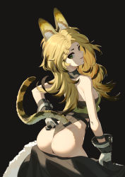 Rule 34 | 1girl, :d, animal ear fluff, animal ears, arknights, ass, bare arms, bare shoulders, black background, black hair, blonde hair, braid, cat ears, cat tail, commentary, from behind, gloves, grey eyes, highres, long hair, looking at viewer, looking back, multicolored hair, open mouth, parted lips, quercus (arknights), shirt, simple background, sleeveless, sleeveless shirt, smile, solo, streaked hair, tail, yellow shirt, zidu (9478296)