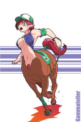Rule 34 | 1girl, bare shoulders, blush, breasts, centaur, covered erect nipples, gammatelier, hat, large breasts, monster girl, navel, open mouth, pointy ears, pubic hair, red hair, riding crop, short hair, taur
