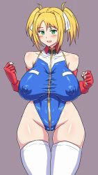 Rule 34 | 1girl, alternate breast size, blonde hair, blue leotard, blush, breasts, cameltoe, covered erect nipples, curvy, green eyes, gundam, gundam 0079 card builder, gundam card builder, highleg, highleg leotard, huge breasts, leotard, long hair, muchabou, nipples, open mouth, reiko holinger, shiny skin, simple background, skin tight, solo, standing, thighhighs, thong leotard, twintails, white thighhighs