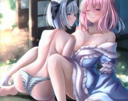Rule 34 | 2girls, ;), ass, back, black hairband, black ribbon, blue eyes, blue kimono, blunt bangs, blurry, blurry background, blush, bob cut, bokeh, breasts, cleavage, closed mouth, commentary request, depth of field, feet out of frame, foot out of frame, frills, hair between eyes, hair ribbon, hairband, highres, indoors, japanese clothes, kimono, konpaku youmu, large breasts, medium breasts, medium hair, multiple girls, no headwear, one eye closed, open clothes, open kimono, panties, parted lips, pink eyes, pink hair, profile, ribbon, saigyouji yuyuko, shiranui (wasuresateraito), short hair, sideways glance, silver hair, smile, striped clothes, striped panties, topless, touhou, underwear, wooden floor, yuri