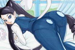 Rule 34 | 1girl, all fours, ass, black hair, blue eyes, breasts, go! princess precure, hanging breasts, hayami jin, highres, long hair, looking at viewer, miss siamour, pointy ears, precure, shiny clothes, skin tight, smile, solo, tail, twintails, very long hair