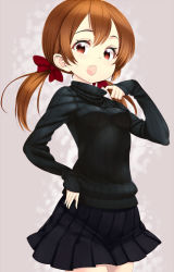 Rule 34 | 1girl, bow, brown eyes, brown hair, fang, hair bow, long hair, original, skirt, sleeves past wrists, smile, solo, sweater, turtleneck, twintails, zizi (zz22)