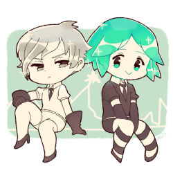 Rule 34 | 2others, :&gt;, androgynous, antarcticite, chibi, chiyoko (oman1229), crystal hair, elbow gloves, frown, gem uniform (houseki no kuni), gloves, green eyes, green hair, grey eyes, grey hair, houseki no kuni, looking at viewer, multiple others, necktie, phosphophyllite, short hair, sitting, smile, spoilers