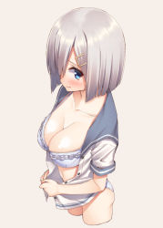 Rule 34 | 10s, 1girl, blue eyes, blush, bra, breasts, cleavage, hair ornament, hair over one eye, hamakaze (kancolle), highres, kantai collection, looking at viewer, mikazuchi zeus, navel, school uniform, serafuku, silver hair, solo, underwear