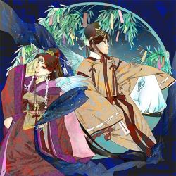 Rule 34 | 1boy, 1girl, blue eyes, blush, brown hair, covering own eyes, folding fan, hand fan, hat, japanese clothes, kimono, leaf, long sleeves, lowres, original, plant, ponytail, ribbon-trimmed sleeves, ribbon trim, sash, sleeves past wrists, smile, tanabata, tanzaku, the weaver girl and the cowherd, tiara, wings
