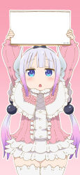 Rule 34 | 1girl, absurdres, arms up, beads, blue eyes, blush, center frills, commentary request, cowboy shot, dragon girl, dragon horns, dress, frilled dress, frills, gradient background, gradient hair, grey hair, hair beads, hair ornament, hairband, highres, holding, holding sketchbook, horns, kanna kamui, kobayashi-san chi no maidragon, long hair, low twintails, microdress, multicolored hair, open mouth, pink background, pink hair, purple hair, samansa ex, sketchbook, solo, template, thighhighs, twintails, white thighhighs, zettai ryouiki