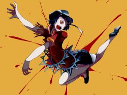 Rule 34 | 1girl, :o, @ @, black footwear, blood, blood splatter, blue hair, colored sclera, flats, full body, hat, highres, ikurauni, jiangshi, miyako yoshika, ofuda, open mouth, outstretched arms, red shirt, sharp teeth, shirt, shoes, short hair, short sleeves, simple background, sketch, skirt, solo, star (symbol), teeth, touhou, yellow background, yellow sclera, zombie pose