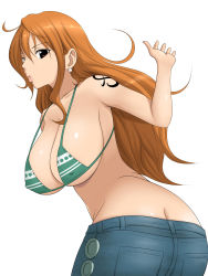 Rule 34 | 1girl, biki top, breasts, brown eyes, butt crack, cleavage, diisuke, highres, large breasts, long hair, nami (one piece), one piece, orange hair, solo, tattoo