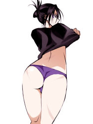 Rule 34 | 1boy, ass, back, bad id, bad pixiv id, black shirt, blouse, briefs, bulge, clothes lift, facial mark, folded ponytail, lifting own clothes, male focus, male underwear, no pants, one-punch man, onsoku no sonic, panties, purple panties, scar, shirt, shirt lift, simple background, solo, underwear, undressing, white background, yoku, yoku (chocolateq)