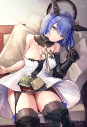 Rule 34 | 1girl, armor, azur lane, bare shoulders, black thighhighs, blue hair, book, breasts, choker, cleavage, commentary request, dated, dress, expressionless, fleur-de-lis, floating headgear, garter straps, gascogne (azur lane), gauntlets, greaves, hair between eyes, head tilt, headgear, highres, light particles, looking at viewer, mappaninatta, medium breasts, multicolored hair, reclining, short hair, signature, single gauntlet, solo, strapless, strapless dress, thighhighs, white dress, yellow eyes