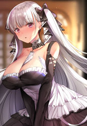 Rule 34 | 1girl, :o, azur lane, bare shoulders, black bow, black dress, blurry, blurry background, blush, bow, breasts, cleavage, collarbone, commentary request, corset, depth of field, detached collar, dress, earrings, formidable (azur lane), frilled dress, frills, hair bow, highres, jewelry, large breasts, long hair, long sleeves, looking at viewer, niyasuke (yama), parted lips, pink eyes, solo, stud earrings, twintails, very long hair, white hair