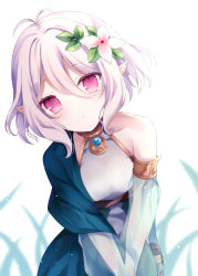 Rule 34 | 1girl, :o, antenna hair, bare shoulders, blush, breasts, collarbone, commentary request, detached sleeves, dress, flower, hair between eyes, hair flower, hair ornament, kokkoro (princess connect!), kurumi mashiro, long sleeves, looking at viewer, multicolored flower, pink eyes, pink flower, pointy ears, princess connect!, short hair, silver hair, simple background, sleeveless, small breasts, solo, white background, white flower
