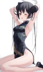 Rule 34 | 1girl, armpits, arms behind head, arms up, bare legs, black dress, black footwear, black hair, blue archive, blue eyes, breasts, china dress, chinese clothes, covered navel, double bun, dragon print, dress, hair bun, halo, highres, kisaki (blue archive), long hair, looking at viewer, medium breasts, miudo, no socks, one eye closed, open mouth, print dress, sitting, sleepy, sleeveless, sleeveless dress, solo, stretching, tears, wariza