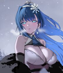 Rule 34 | 1girl, :o, absurdres, ascot, bare shoulders, belt, blue ascot, blue eyes, blue hair, breasts, breath, ch4a, cleavage, earrings, fur shawl, glowing, glowing eyes, hair ornament, hairband, half-closed eyes, highres, jewelry, large breasts, long hair, looking at viewer, mole, mole under mouth, off shoulder, outdoors, pre universe, sera haberne, shawl, shirt, single hair intake, snow, snowflake hair ornament, snowing, solo, very long hair, virtual youtuber, white hairband, white shirt, wind, yuki onna