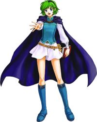 Rule 34 | 1girl, blue eyes, book, fire emblem, fire emblem: the blazing blade, green hair, holding, holding book, izuka daisuke, looking at viewer, nino (fire emblem), nintendo, official art, open mouth, simple background, skirt, smile, solo, white background, white skirt