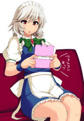 Rule 34 | 1girl, apron, blue dress, blush, bow, braid, couch, dress, frilled dress, frills, game console, green bow, hair bow, handheld game console, highres, holding, izayoi sakuya, long hair, maid, maid apron, maid headdress, nintendo 3ds, noako (por1212), open mouth, playing games, puffy short sleeves, puffy sleeves, red eyes, short sleeves, silver hair, sitting, solo, touhou, translation request, twin braids, wristband