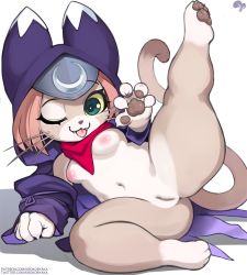 Rule 34 | 1girl, :3, animal hood, blue eyes, breasts, cat girl, cat hood, cat tail, claws, colored sclera, fangs, felyne, furry, furry female, hood, krokobyaka, leg up, looking at viewer, lying, monster hunter (series), monster hunter stories 2, navel, nipples, on side, one eye closed, petite, pink hair, pussy, shortstack, simple background, smile, solo, stomach, tail, thick thighs, thighs, tongue, tongue out, tsukino (monster hunter), whiskers, yellow sclera