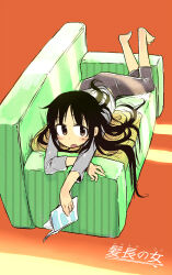 Rule 34 | 1girl, barefoot, black hair, blush, book, commentary request, couch, cushion, full body, holding, holding book, kikai (akita morgue), light rays, long hair, long sleeves, looking at viewer, lying, on couch, on stomach, open mouth, original, translation request