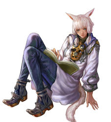 Rule 34 | 10s, 1girl, animal ears, arm support, bad id, bad pixiv id, blue eyes, blue legwear, blunt bangs, book, cat ears, cat tail, closed mouth, facial mark, final fantasy, final fantasy xiv, full body, hair tubes, high heels, highres, hood, hood down, kacyu, long sleeves, looking at viewer, miqo&#039;te, open book, short hair, simple background, smile, solo, tail, white background, white hair, y&#039;shtola rhul