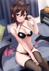 Rule 34 | 1girl, absurdres, bare arms, bare shoulders, bed, bikini, black bikini, black choker, black nails, blurry, breasts, brown hair, brown thighhighs, choker, cleavage, criss-cross halter, demon girl, demon horns, demon tail, demon wings, depth of field, fang, halloween, halterneck, hand on own thigh, hand up, heart, highres, horns, large breasts, looking at viewer, low wings, nail polish, navel, o-ring, o-ring bikini, on bed, open mouth, original, rama (yu-light8), red eyes, short hair, sidelocks, sitting, smile, solo, speech bubble, stomach, string bikini, swimsuit, tail, thighhighs, thighs, translation request, wings
