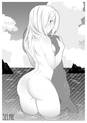 Rule 34 | 1girl, archived source, artist request, ass, back, bare back, bare shoulders, blush, breasts, character name, closed mouth, cloud, cloudy sky, cowboy shot, curvy, day, dimples of venus, female focus, from behind, greyscale, halftone, highres, holding, holding clothes, huge ass, iwbitu, long hair, looking at viewer, looking back, medium breasts, monochrome, monster girl encyclopedia, ocean, outdoors, rock, selkie (monster girl encyclopedia), sky, solo, source request, standing, thick thighs, thighs, wading, water, wide hips