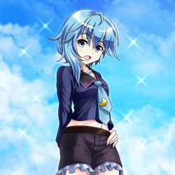 Rule 34 | 10s, 1girl, ahoge, asymmetrical hair, blouse, blue eyes, blue hair, blue necktie, blue shirt, blue shorts, blue sky, cloud, cloudy sky, crescent, crescent pin, day, frilled shorts, frills, kantai collection, long hair, long sleeves, looking at viewer, matching hair/eyes, minazuki (kancolle), necktie, open mouth, school uniform, serafuku, shirt, short hair with long locks, shorts, sky, smile, solo, sparkle, tk8d32