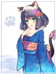 Rule 34 | 1girl, :3, animal ears, bell, black hair, blush, bow, cat ears, cat tail, commentary request, curly hair, cyan (show by rock!!), fur collar, furisode, green eyes, hair ornament, hairband, hand on own chest, japanese clothes, jingle bell, kimono, kotoyoro, lolita hairband, long hair, mayachi (amuriya), new year, obi, paw print, ringlets, sash, show by rock!!, sleeves past wrists, smile, solo, tail, tail bell, tail bow, tail ornament