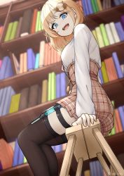 Rule 34 | 1girl, :d, absurdres, bad id, bad pixiv id, black thighhighs, blonde hair, blue eyes, book, bookshelf, breasts, from below, hair ornament, highres, hololive, hololive english, ladder, long sleeves, looking at viewer, lunch boxer, medium breasts, necktie, open mouth, plaid, plaid skirt, pocket watch, red necktie, shirt, shirt tucked in, sitting, skirt, smile, solo, syringe, thigh strap, thighhighs, virtual youtuber, watch, watson amelia, watson amelia (1st costume), white shirt
