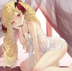Rule 34 | 1girl, bare legs, blonde hair, blush, breasts, cleavage, collarbone, dot nose, drill hair, hair ribbon, highres, indoors, long hair, looking at viewer, nightgown, original, peragura, red eyes, red nails, ribbon, small breasts, twintails, vampire, very long hair