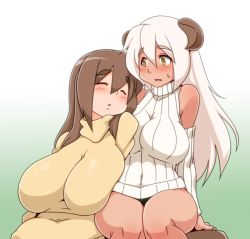 Rule 34 | 2girls, bad id, bad pixiv id, blush, breasts, brown eyes, brown hair, chinese zodiac, closed eyes, covered navel, dark-skinned female, dark skin, eyebrows, gradient background, green background, horns, huge breasts, impossible clothes, impossible sweater, kaz (shade), long hair, multiple girls, original, ribbed sweater, sleeveless, sleeveless turtleneck, sweatdrop, sweater, thick eyebrows, thighs, turtleneck, white hair, year of the goat