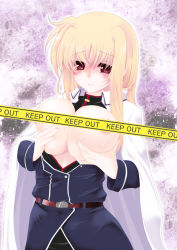 Rule 34 | 00s, 1girl, belt, blonde hair, blush, breast hold, breasts, breasts out, cape, censored, censored nipples, coat, fate testarossa, frapowa, large breasts, long hair, lyrical nanoha, mahou shoujo lyrical nanoha strikers, red eyes, solo, tape censor