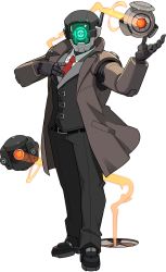 Rule 34 | 1boy, aqua eyes, artist request, black footwear, black pants, black vest, brown coat, clothed robot, coat, collared shirt, drone, formal, full body, glowing, glowing eyes, hands up, highres, humanoid robot, light trail, looking at viewer, male focus, necktie, non-web source, official art, one-eyed, pants, pocket, red necktie, regis (world flipper), robot, screw, shirt, shoes, simple background, solo, standing, suit, transparent background, vest, white shirt, world flipper