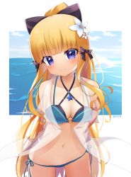 Rule 34 | 1girl, 43ctw, absurdres, aqua bikini, bikini, black bow, blonde hair, blue eyes, blush, bow, breasts, elf, flower, hair bow, hair flower, hair ornament, highres, large breasts, layered bikini, long hair, looking at viewer, navel, pointy ears, ponytail, princess connect!, saren (princess connect!), saren (summer) (princess connect!), smile, solo, split mouth, swimsuit