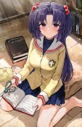 Rule 34 | 1girl, bare legs, barefoot, beads, blush, book, clannad, hair beads, hair ornament, highres, hikarizaka private high school uniform, ichinose kotomi, indoors, looking at viewer, parted bangs, pleated skirt, purple eyes, purple hair, school uniform, scissors, sitting, skirt, solo, sonchi, toes, two side up, wariza