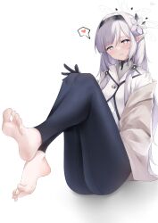 Rule 34 | 1girl, absurdres, barefoot, blue archive, blush, feet, grey eyes, hairband, hand on own knee, highres, himari (blue archive), long hair, looking at viewer, parted lips, pointy ears, silver hair, soles, toes