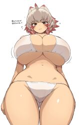 Rule 34 | 1girl, absurdres, ahoge, animal ears, bikini, breasts, cleavage, closed mouth, colored tips, commentary request, curvy, from below, gluteal fold, highres, huge breasts, looking at viewer, makino momiji (artist), multicolored hair, original, short hair, simple background, solo, swimsuit, translation request, white background, white bikini, white hair, wide hips