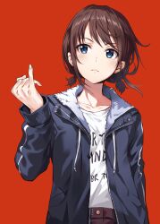 Rule 34 | 1girl, absurdres, black jacket, blue eyes, blush, brown hair, clenched hand, closed mouth, clothes writing, collarbone, commentary request, frown, fur-trimmed jacket, fur trim, girls band cry, hair behind ear, hand in pocket, hand up, head tilt, highres, iseri nina, jacket, light blush, long sleeves, looking at viewer, low twintails, open clothes, open jacket, parted lips, puffy long sleeves, puffy sleeves, red background, sayuuiede, shirt, shirt tucked in, short twintails, sidelocks, simple background, solo, swept bangs, twintails, upper body, white shirt