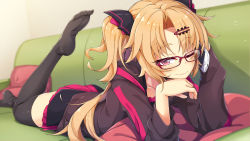 Rule 34 | 1girl, akatsuki uni, black jacket, black thighhighs, blonde hair, blurry, closed mouth, collarbone, commentary request, couch, depth of field, feet, glasses, hair ornament, hairclip, hands up, head rest, highres, holding, holding phone, hood, hood down, hooded jacket, jacket, leg up, long hair, long sleeves, looking at viewer, lying, miniskirt, no shoes, ogami kazuki, on couch, on stomach, one eye closed, parted bangs, phone, pillow, pink eyes, pink skirt, pleated skirt, red-framed eyewear, skirt, smile, solo, thighhighs, two side up, uni create, virtual youtuber, zettai ryouiki