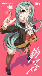 Rule 34 | 1girl, absurdres, aqua hair, battery, battery indicator, black footwear, bow, bowtie, breasts, brown cardigan, brown jacket, brown thighhighs, cardigan, character name, cleavage, earrings, eyes visible through hair, fang, full body, grey eyes, hair ornament, hairclip, hand up, highres, jacket, jewelry, kantai collection, karasuma kuraha, large breasts, looking at viewer, pink background, pleated skirt, red bow, red bowtie, remodel (kantai collection), school uniform, shoes, simple background, skirt, smile, solo, star (symbol), suzuya (kancolle), teeth, text focus, thighhighs, thighs