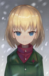Rule 34 | 1girl, blonde hair, blue eyes, bob cut, closed mouth, commentary, frown, girls und panzer, green jacket, highres, jacket, katyusha (girls und panzer), long sleeves, looking at viewer, mamaa (maeni6379), pravda school uniform, red shirt, school uniform, shirt, short hair, snowing, solo, turtleneck, upper body
