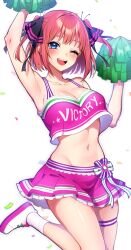 Rule 34 | 1girl, ;d, alternate costume, arm up, armpits, black ribbon, blue eyes, blunt bangs, bob cut, breasts, butterfly hair ornament, cheering, cheerleader, collarbone, commentary request, confetti, crop top, go-toubun no hanayome, hair ornament, hair ribbon, highres, holding, holding pom poms, jumping, kurosaki coco, large breasts, looking at viewer, midriff, miniskirt, nakano nino, navel, one eye closed, open mouth, pink hair, pink skirt, pleated skirt, pom pom (cheerleading), pom poms, ribbon, short hair, sidelocks, skirt, smile, socks, solo, teeth, thigh strap, upper teeth only, white background, white socks