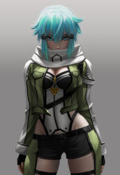 Rule 34 | 1girl, aqua eyes, aqua hair, black gloves, black jacket, black leotard, black shorts, breasts, commentary request, covered mouth, cowboy shot, cropped jacket, double-parted bangs, fingerless gloves, gloves, gradient background, green jacket, grey background, groin, hair between eyes, hair ornament, hairclip, highleg, highleg leotard, jacket, leotard, long sleeves, looking at viewer, medium breasts, multicolored clothes, multicolored jacket, open clothes, open jacket, scarf, short hair, short shorts, shorts, sinon, solo, standing, sword art online, textless version, two-tone leotard, user mim3719, variant set, white jacket, white leotard, white scarf